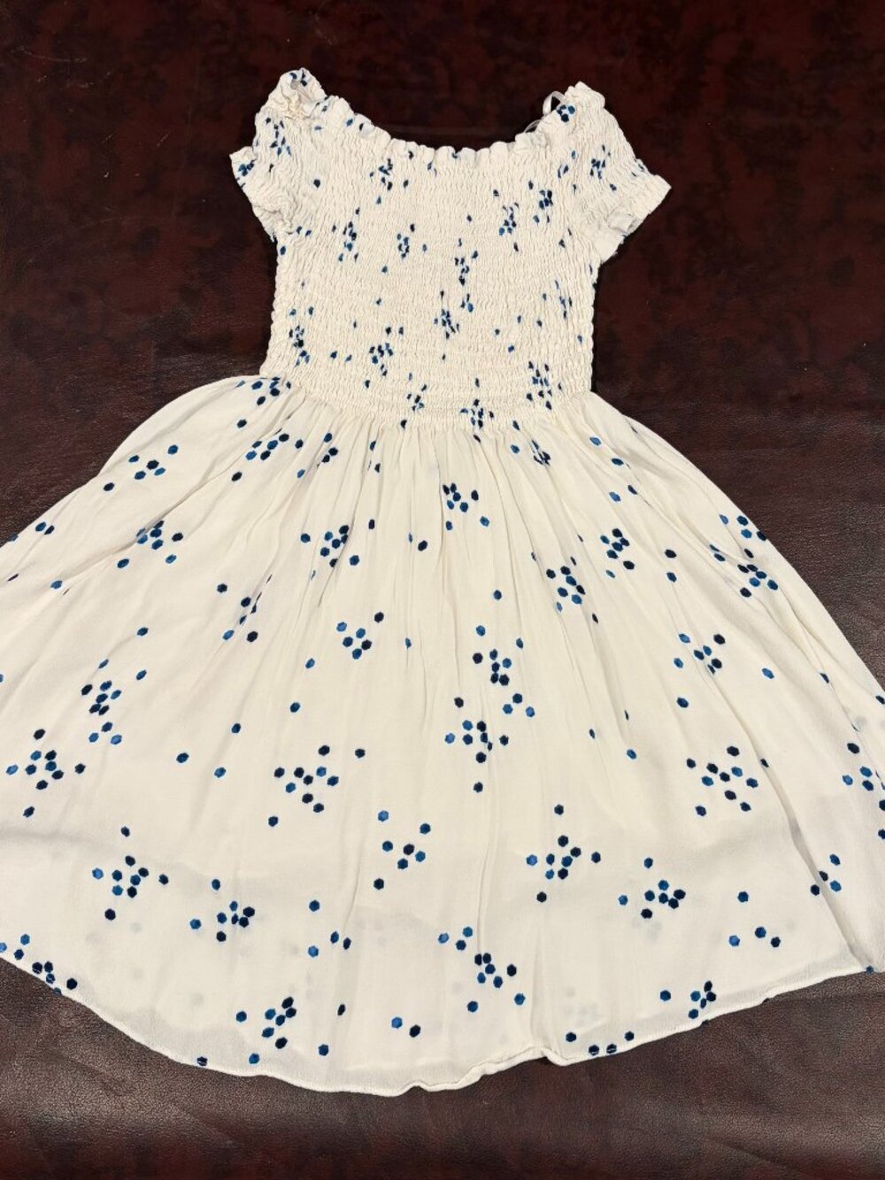 Lulus off the shoulder white smocked dress with blue dots design, XS - Picture 1 of 8